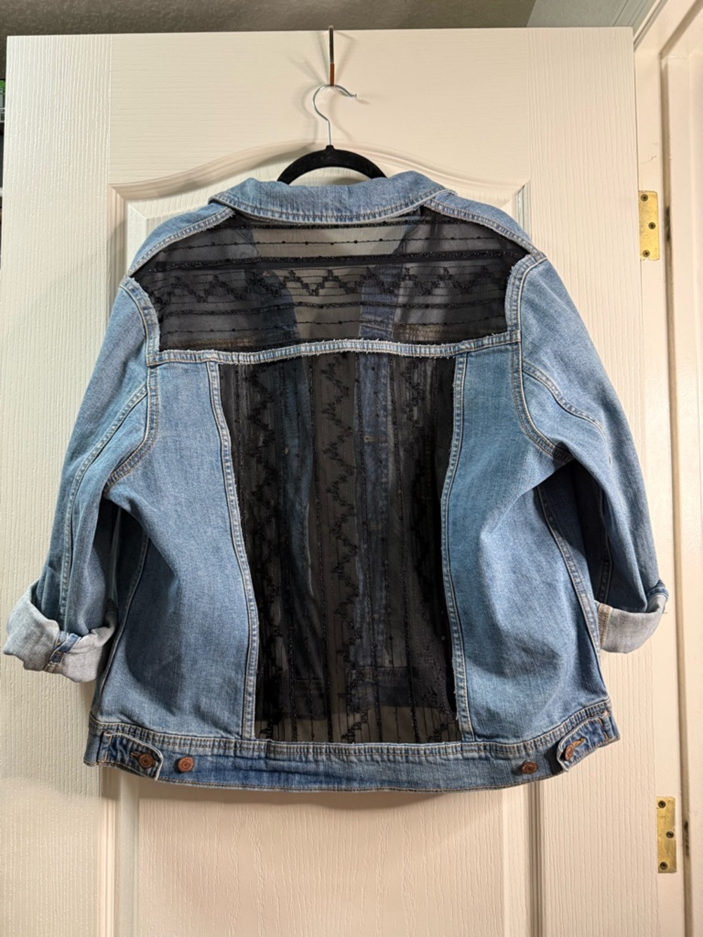 Custom Light Wash Denim Jacket with Black Lace Back Upcycle